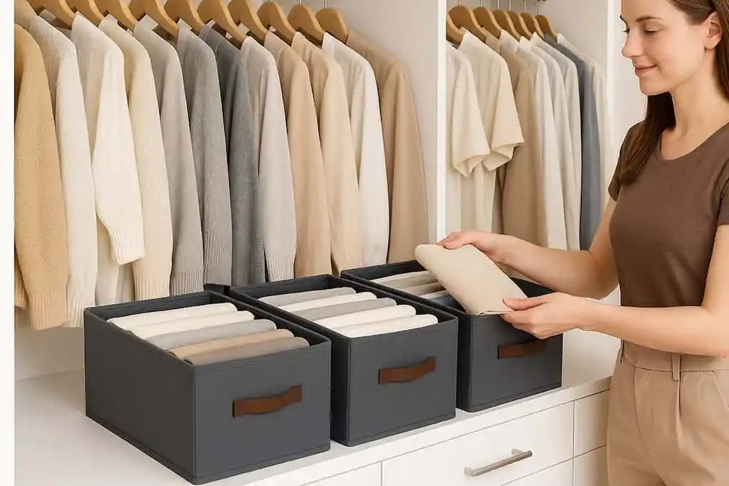 "تنظيم وتخزين الملابس داخل دولاب باستخدام صناديق تخزين قماشية، مع ترتيب الملابس الموسمية بشكل يحافظ عليها لفترات طويلة ويقلل من تراكم الغبار"